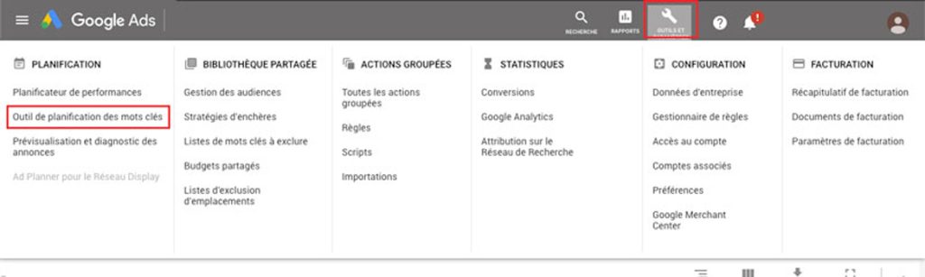 acceder outil planification mot cle google ads