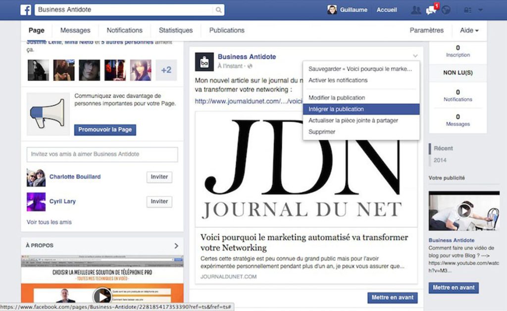 intégrer publication facebook etape 2