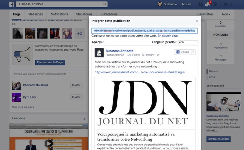 intégrer publication facebook etape 3